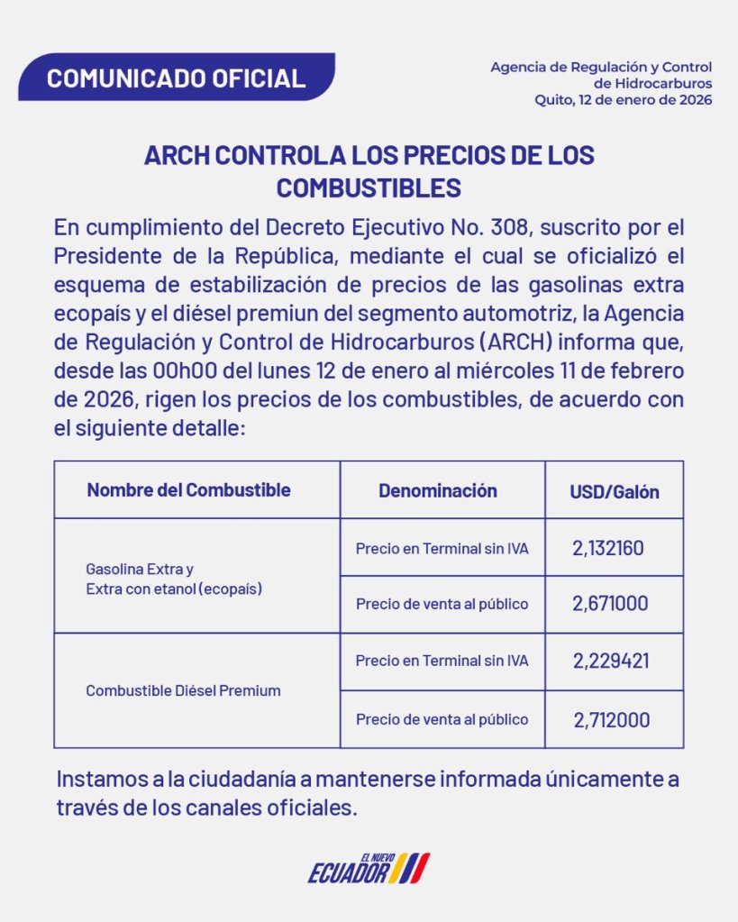 Nuevo precio de los combustibles en Ecuador hasta el 11 de febrero