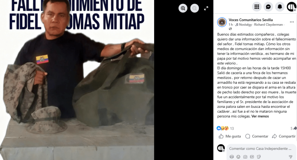 Familiares difunden versión sobre muerte de Fidel Tomás Mitiap