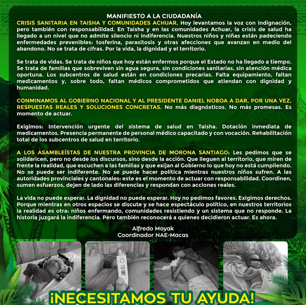 NAE-Macas denuncia crisis sanitaria en Taisha y comunidades Achuar