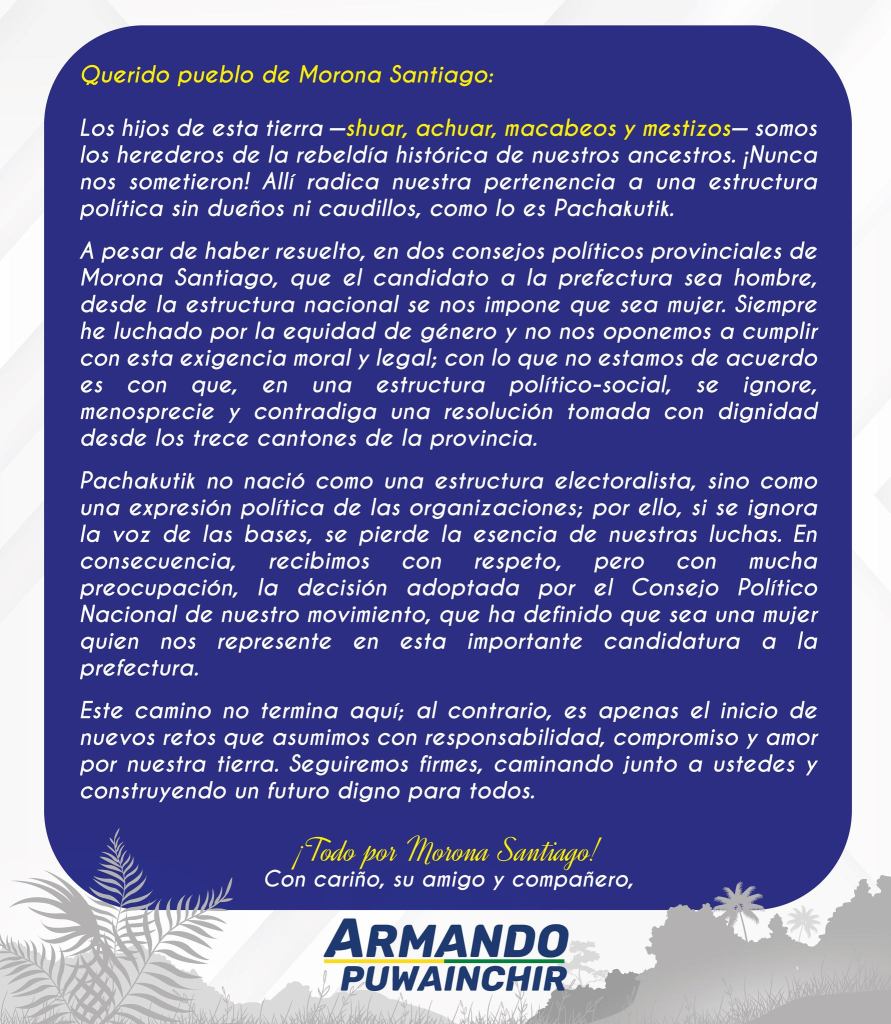 Puwainchir cuestiona decisión de Pachakutik sobre candidatura a prefectura en Morona Santiago
