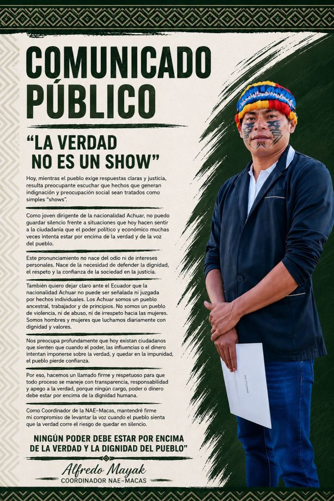 Alfredo Mayak publicó comunicado sobre el caso de acoso sexual que involucra al prefecto de Morona Santiago, Tiyua Uyunkar