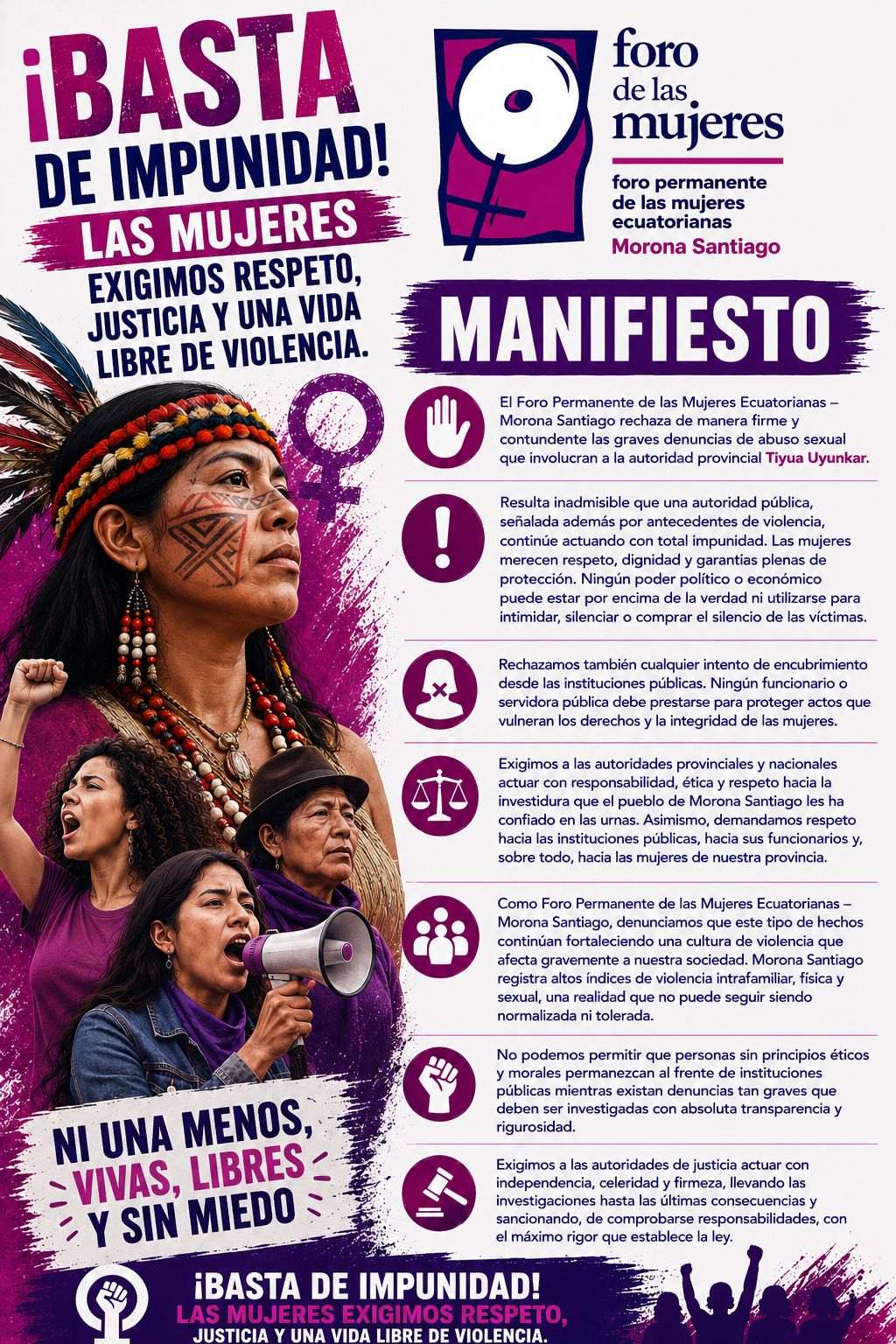 El Foro Permanente de las Mujeres Ecuatorianas se pronuncia sobre el caso de abuso sexul que involucra a Tiyua&nbsp;Uyunkar