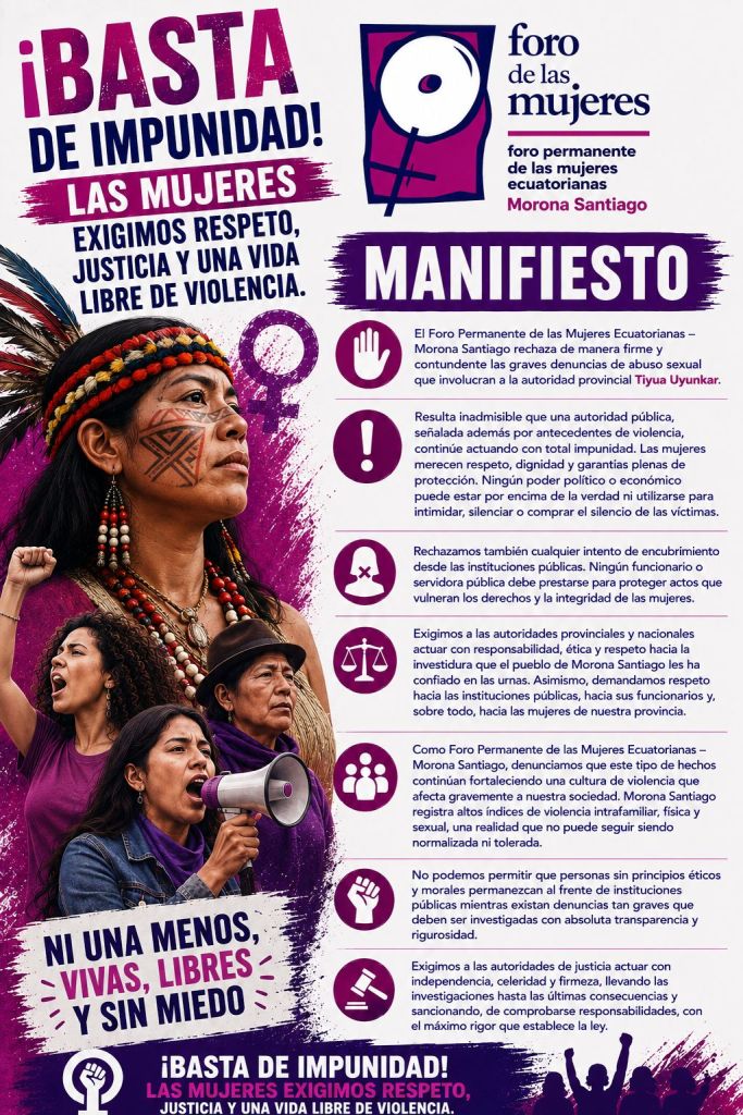 El Foro Permanente de las Mujeres Ecuatorianas se pronuncia sobre el caso de abuso sexul que involucra a Tiyua Uyunkar