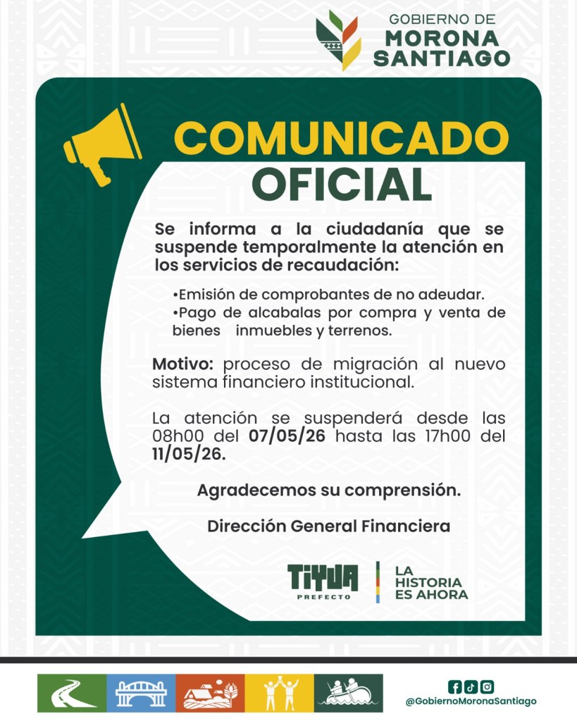 Se suspende temporalmente la atención en servicios de recaudación en Morona Santiago