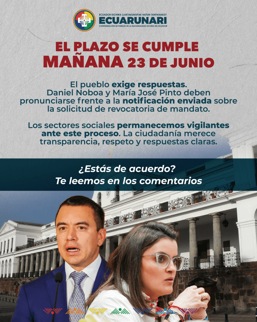 Ecuarunari exige transparencia en trámite de revocatoria contra Noboa y Pinto